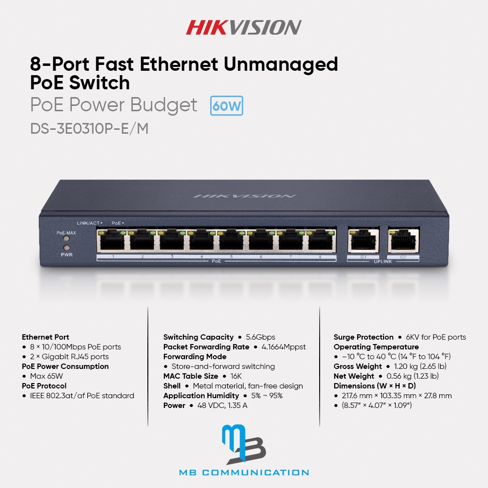 Hikvision 8-Port PoE Switch DS-3E0310P-E/M